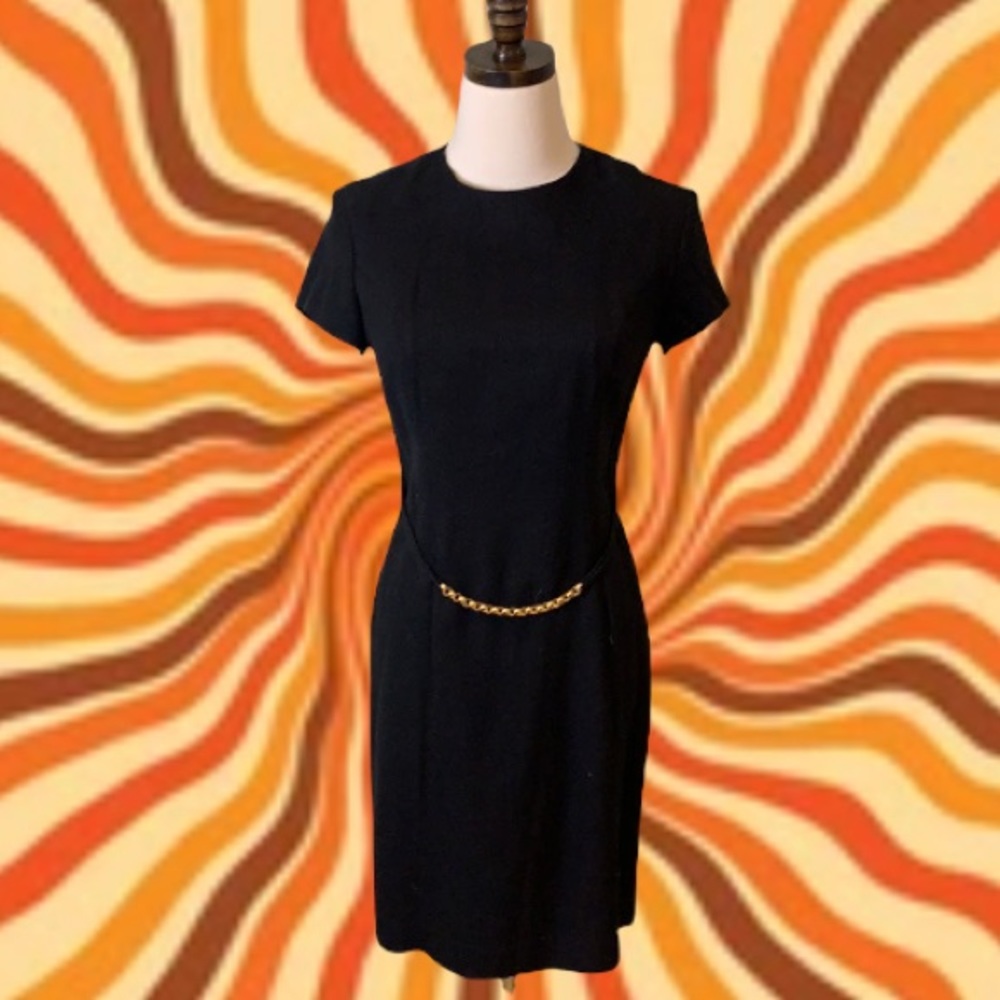 Vintage 90s David Warren Black body hugging dress with gold belt